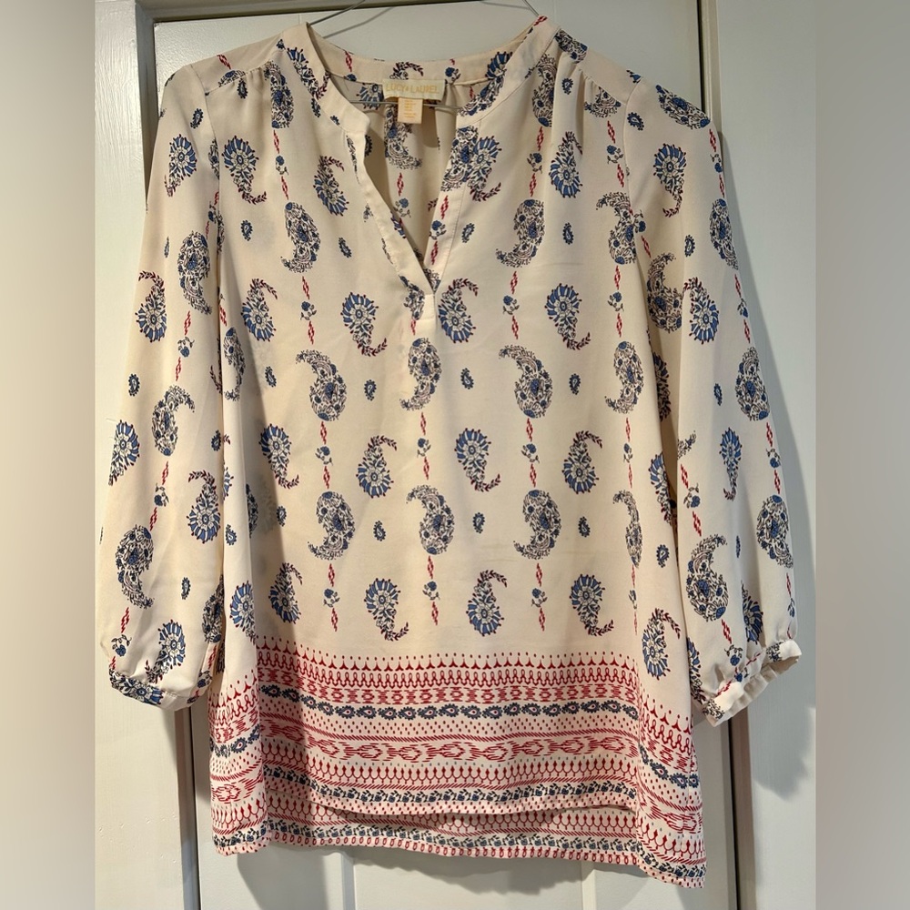 Lucy & Laurel Anthropologie Cream Paisley V-Neck Blouse,  3/4 Sleeve, Sz S